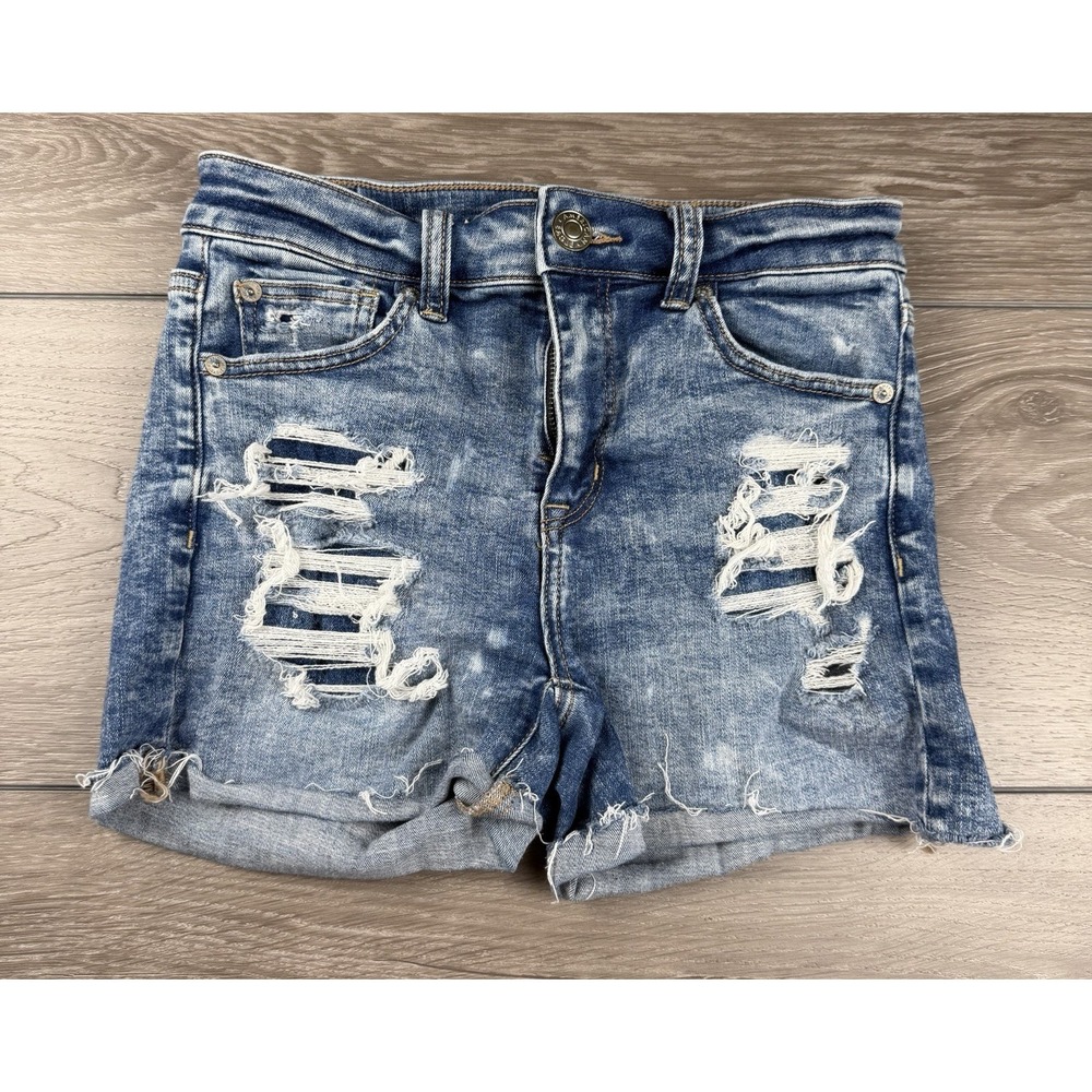 American Eagle Womens Next Level Distressed Hi Rise Shortie Denim Shorts Size 0